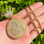 Iced Out Globe World Crown Pendant