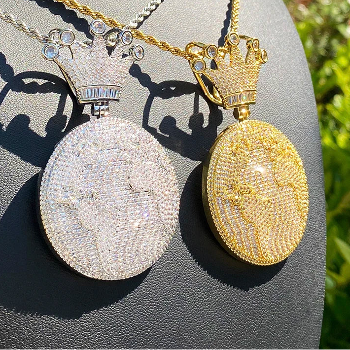 Iced Out Globe World Crown Pendant